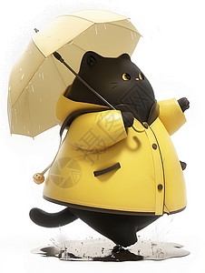 撑着小伞的黑色可爱卡通猫高清图片