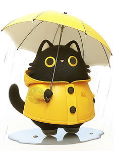穿着黄色雨衣撑着小伞的可爱卡通猫高清图片