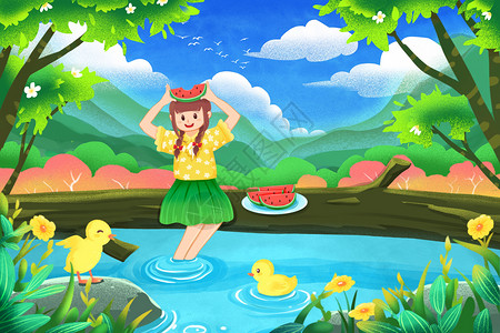 手绘治愈系二十四节气立夏女孩池塘吃西瓜森林场景插画背景图片