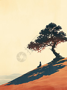 松树剪影坐在山坡上一棵古老的松树下休息的小小的卡通人物剪影插画