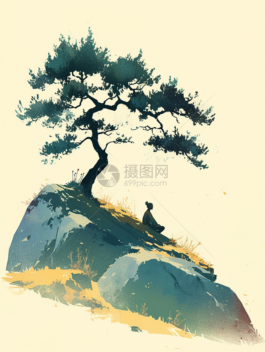 山坡上一棵古老的松树下休息的小小的卡通人物剪影图片