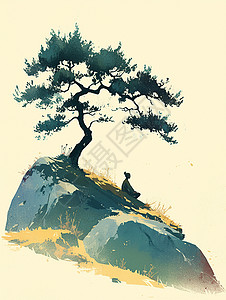 写实风松树山坡上一棵古老的松树下休息的小小的卡通人物剪影插画