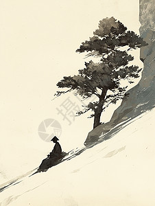 一棵古老的松树下休息的小小的卡通人物剪影背景图片