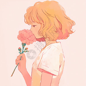 手拿粉色康乃馨的短发卡通女孩背景图片