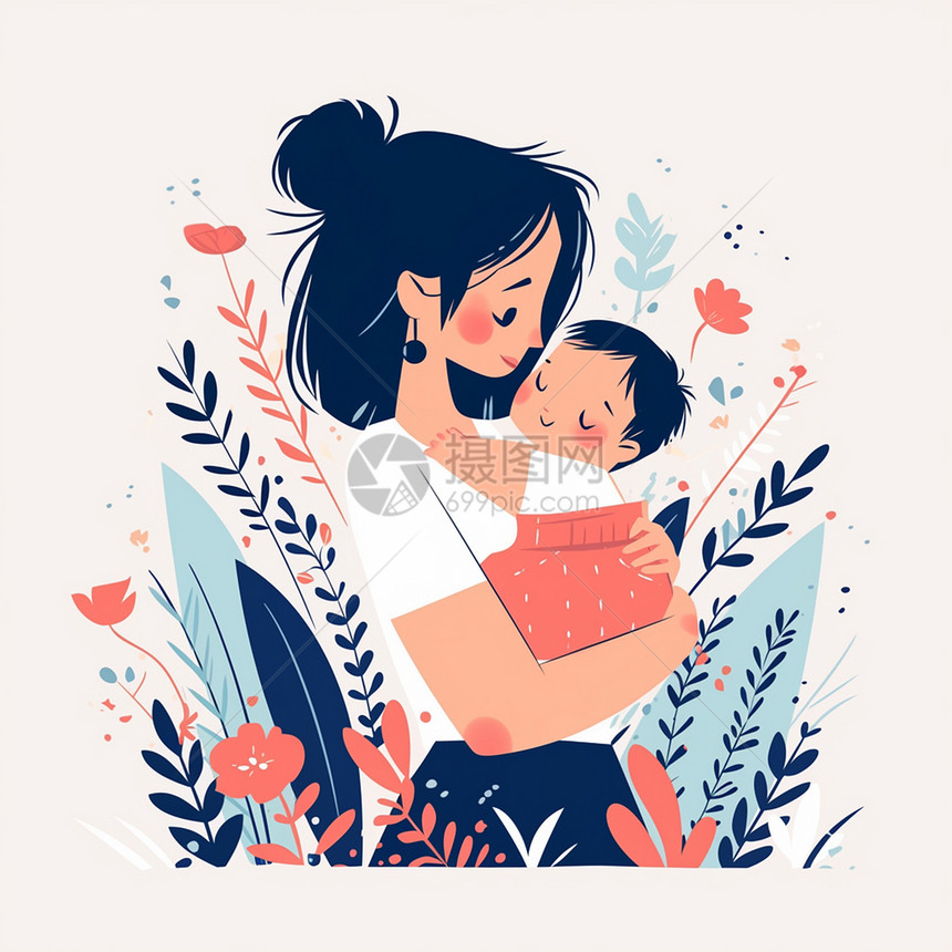 花丛中怀抱着孩子的妈妈图片