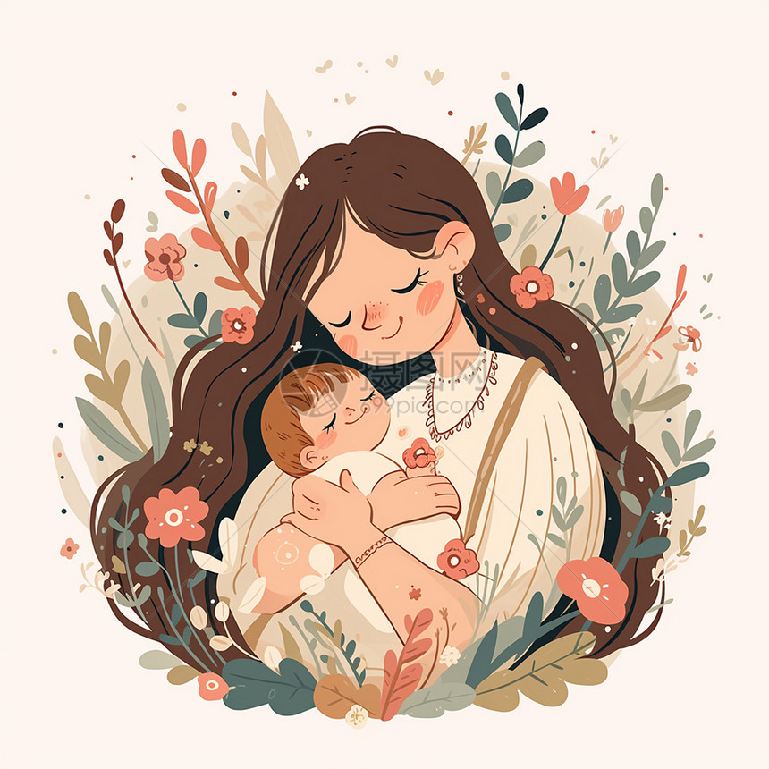 在花丛中怀抱着孩子的妈妈温馨插画图片