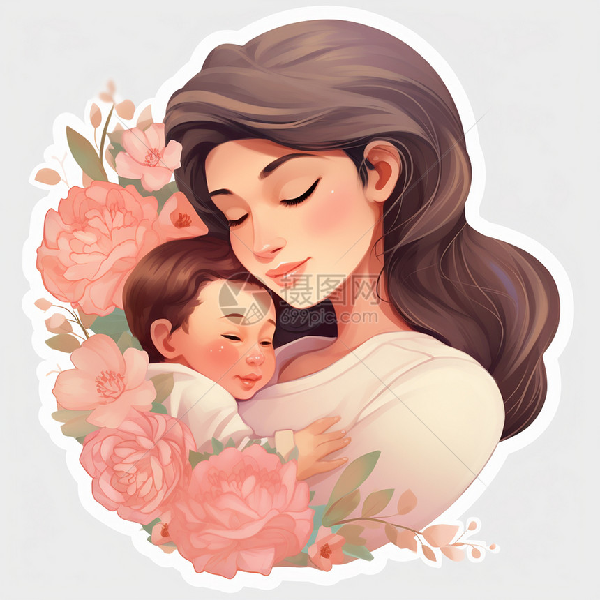 母亲温柔的抱着孩子温馨插画图片