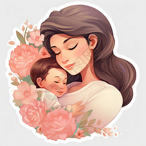 母亲温柔的抱着孩子温馨插画背景图片