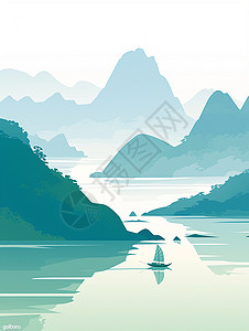 湖面上经幡湖面上飘着一艘小船插画