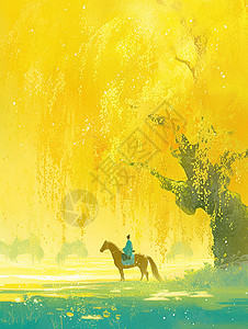 骑着马在树下路过的小小卡通武侠人物背景图片