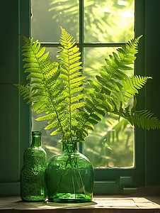 放在窗前一瓶嫩绿色的植物背景图片