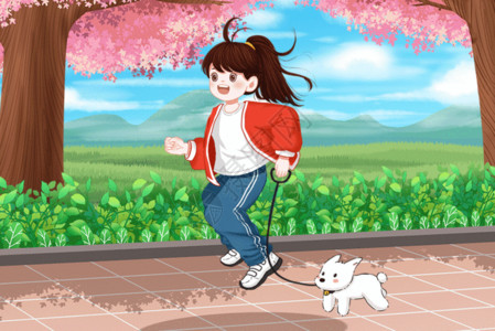 柴狗春季跑步运动健身的女孩GIF高清图片