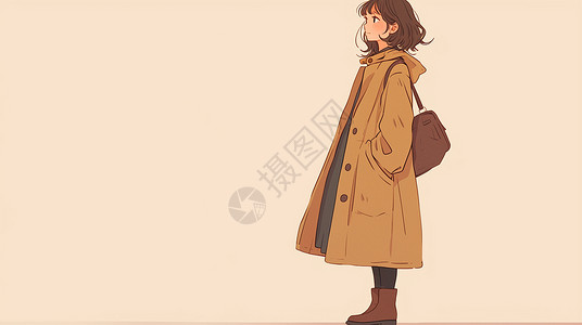 穿棕色风衣时尚漂亮的卡通女孩背景图片