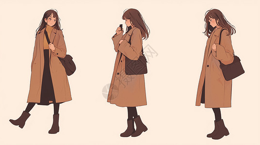 女孩棕色的风衣背着包时尚漂亮的美拉德穿搭卡通女孩插画