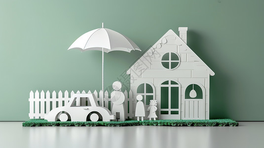 绿色保险剪纸风保护家庭保险概念图插画