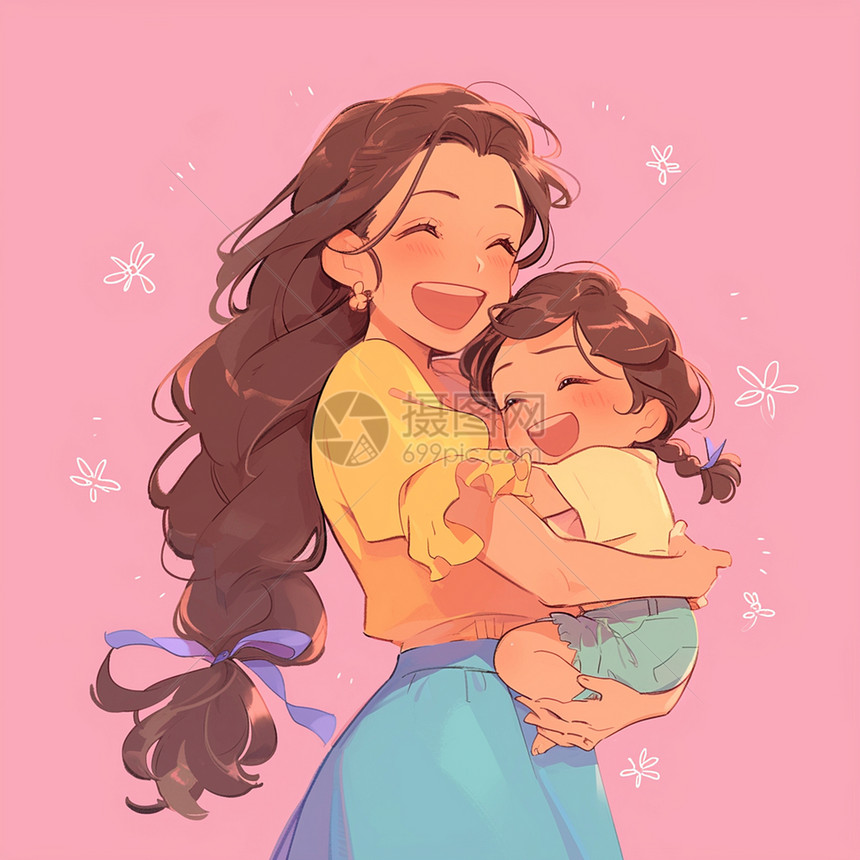 母亲节开心拥抱的卡通母女图片