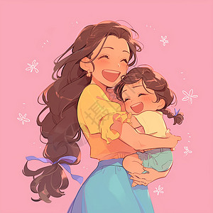 开心的女性母亲节开心拥抱的卡通母女插画