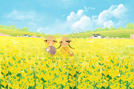 拥抱四月春天的乡村在油菜花盛开的户外插画