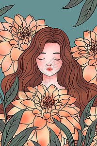 线描花朵中的女孩插画背景图片