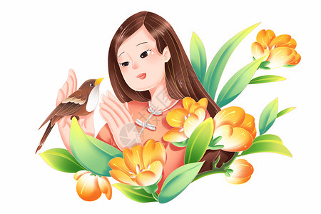 国潮花朵春季女孩小麻雀春天花卉场景插画