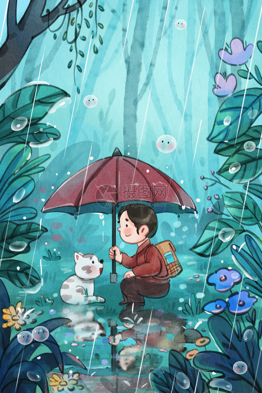 手绘水彩下雨天男孩给熊猫遮雨治愈系插画图片