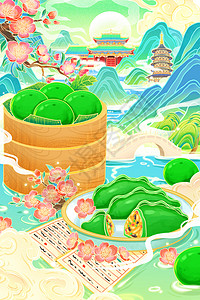 国潮风清明节手绘艾饺青团桃花古建筑山水插画背景图片