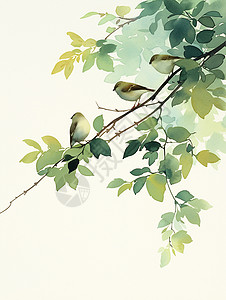 春天落在树杈上的绿色可爱卡通小鸟背景图片