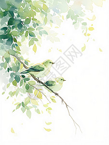 发芽的树杈春天落在树杈上的绿色可爱小鸟插画
