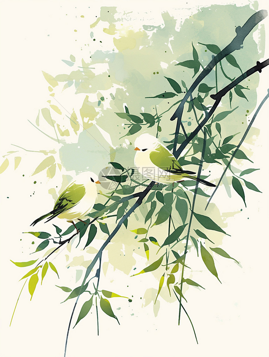 落在树杈上的绿色可爱卡通小鸟图片