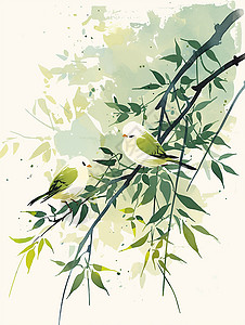 爬上树杈熊猫落在树杈上的绿色可爱卡通小鸟插画