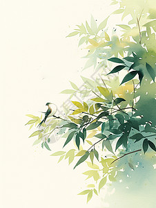嫩绿色树枝上几只绿色卡通小鸟在休息背景图片