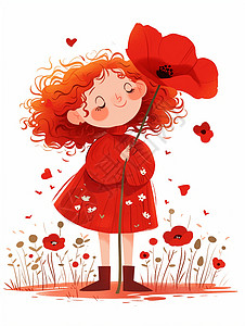 抱着小红花橙色卷发可爱的卡通小女孩高清图片