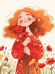 小红花裙子小红花橙色卷发可爱的卡通小女孩插画