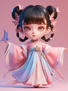 日本可爱小美女穿着粉色古风服装小美女插画