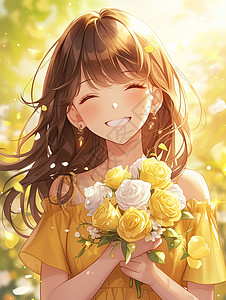 黄色花束怀抱花朵开心笑长发漂亮的可爱的女孩插画