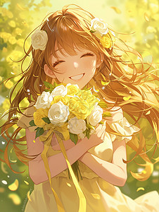 漂亮花园怀抱花朵开心笑长发漂亮的女孩插画
