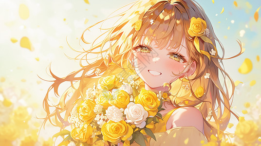 花丛中抱着一束花朵开心笑的卡通小女孩背景图片