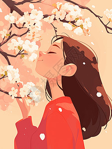 开花的面带微笑正在树下闻花朵的卡通女人插画