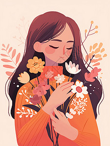 身穿橙色毛衣怀抱花朵面带微笑的长发卡通女人背景图片