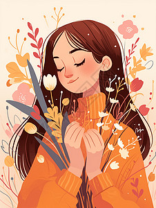 橙色花朵身穿橙色毛衣怀抱花朵面带微笑的女人插画