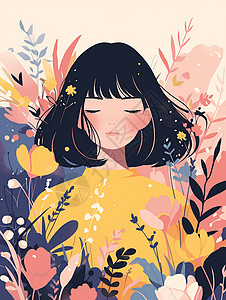 小清新黄色彩灯春天身边围绕着很多花朵的小清新卡通女孩插画