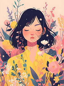 小清新黄色彩灯春天很多花朵的小清新卡通女孩插画