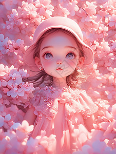 桃花园中大眼睛漂亮的卡通女孩背景图片