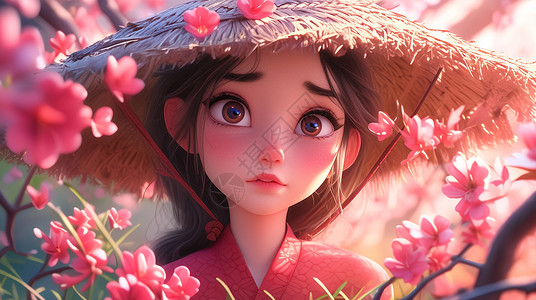 戴着大大的草帽在桃花树下赏花的可爱卡通小女孩背景图片