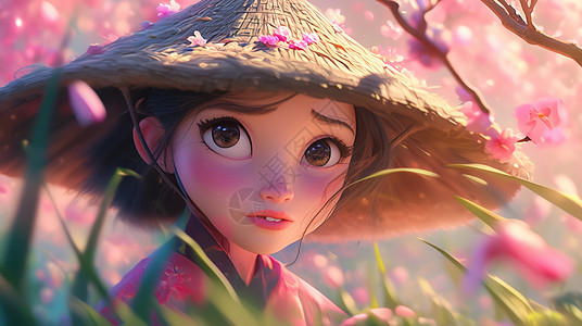 在桃花树下赏花的可爱卡通小女孩背景图片