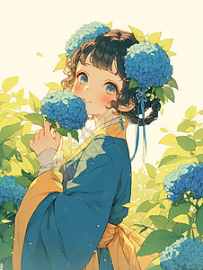 头戴花朵女孩春天头戴蓝色花朵古风装扮小清新可爱的卡通女孩插画