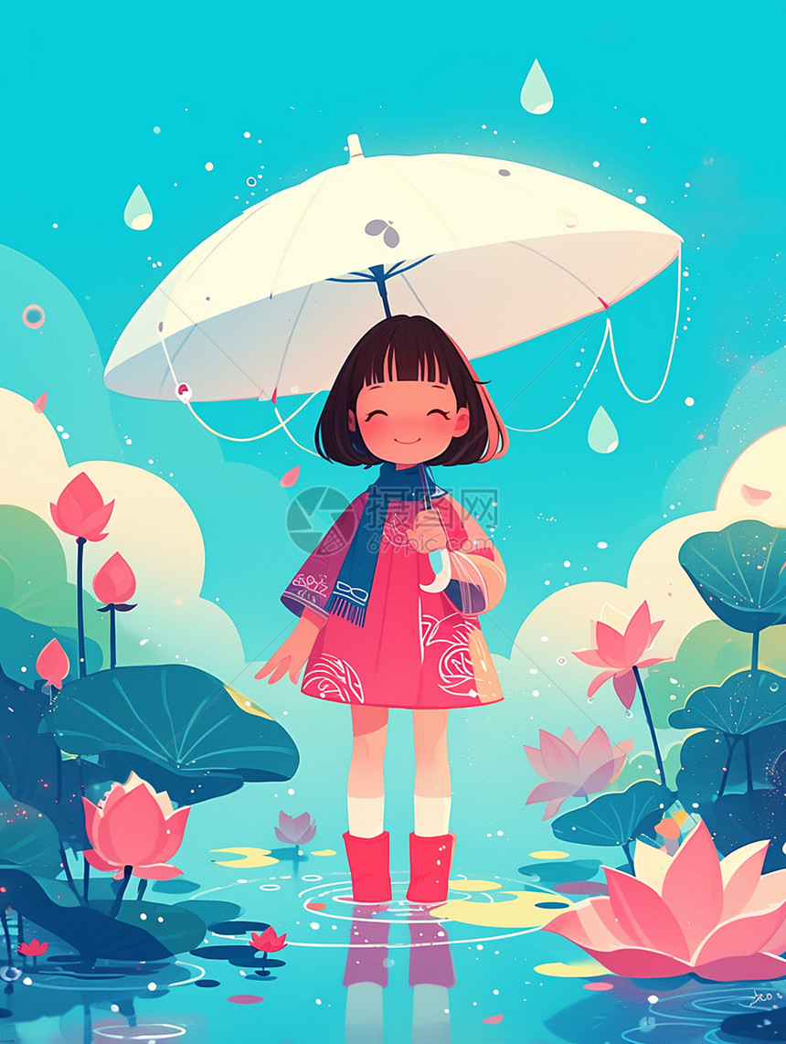 雨中穿着红裙子打着小伞在赏花的可爱卡通小女孩图片
