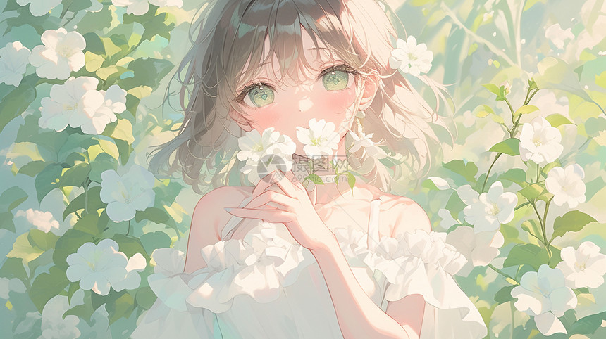 穿白色裙子在花丛中的女孩图片