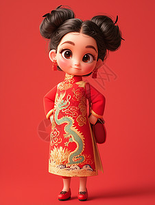 喜庆的红色衣服的卡通小女孩背景图片