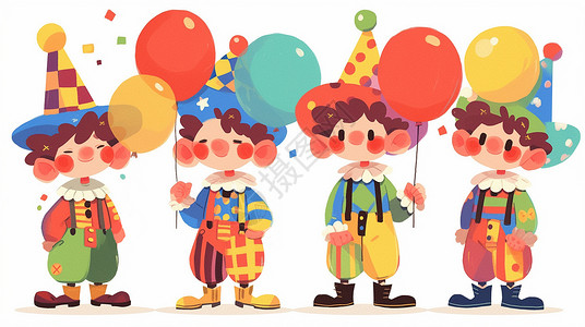 彩色节日气球愚人节手拿着很多彩色气球的卡通小丑插画